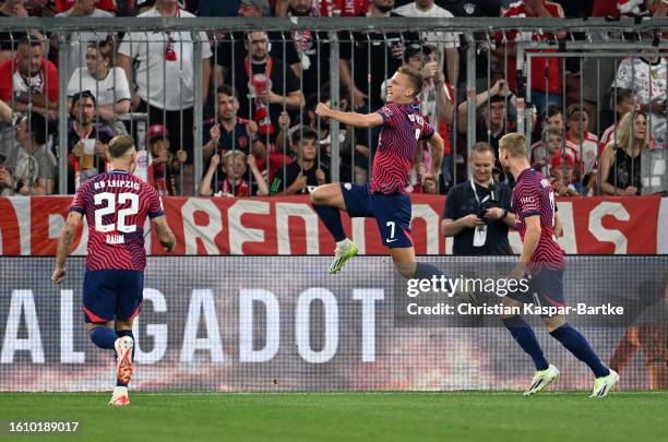 Dani Olmo of RB Leipzig celebrates after scoring the team's first goal during the DFL Supercup 2023 match between FC Bayern München and RB Leipzig at...