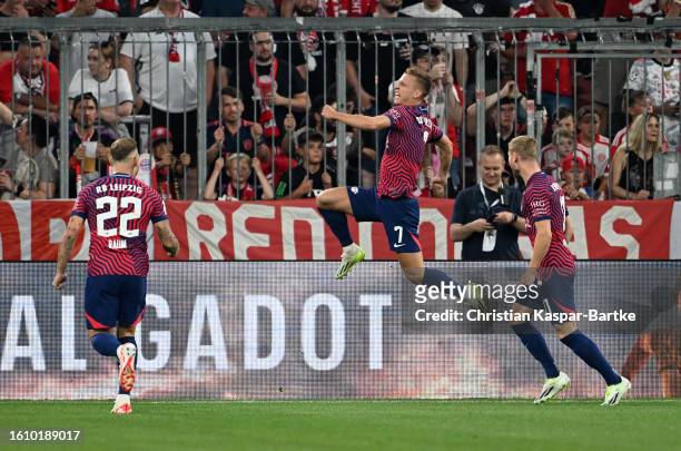 Dani Olmo of RB Leipzig celebrates after scoring the team's first goal during the DFL Supercup 2023 match between FC Bayern München and RB Leipzig at...
