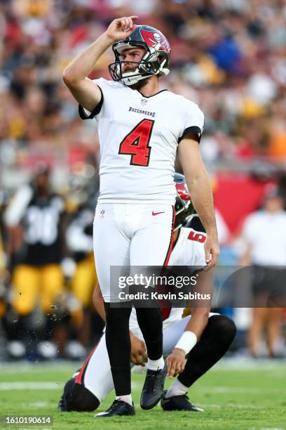 Chase McLaughlin of the Tampa Bay Buccaneers kicks an extra-point during an NFL preseason football game against the Pittsburgh Steelers at Raymond...