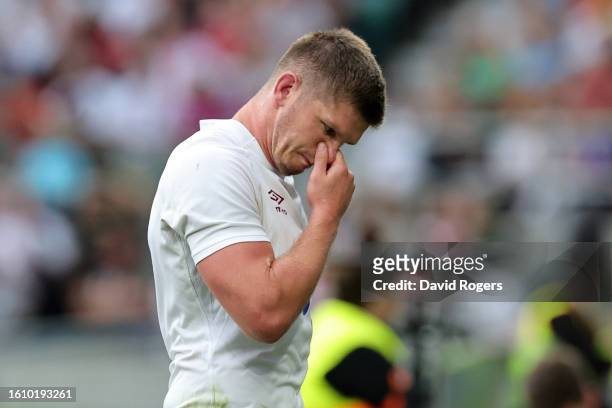 Owen Farrell of England reacts as they leave the field after receiving a yellow card, which is later escalated to a red following a TMO Review,...