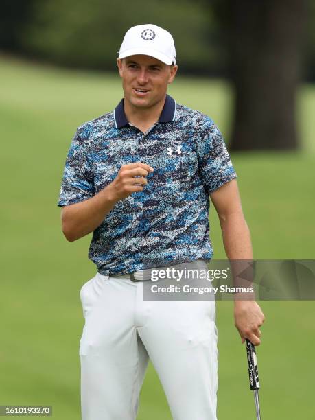 Jordan Spieth of the United States reacts to a missed birdie putt on the seventh green during the third round of the FedEx St. Jude Championship at...