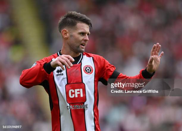 Oliver Norwod of Sheffield United looks on during the Premier League match between Sheffield United and Crystal Palace at Bramall Lane on August 12,...