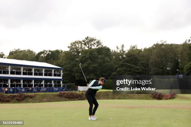 Linn Grant of Sweden plays her second shot on the 18th hole on Day Three of the AIG Women's Open at Walton Heath Golf Club on August 12, 2023 in...