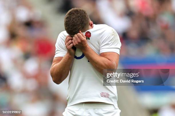 Owen Farrell of England reacts during the Summer International match between England and Wales at Twickenham Stadium on August 12, 2023 in London,...