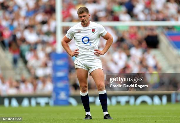 Owen Farrell of England looks dejected during the Summer International match between England and Wales at Twickenham Stadium on August 12, 2023 in...