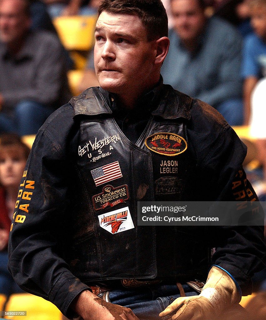 SPRINGFIELD, MO, FRIDAY, SEPTEMBER 26, 2003-At the Hammons Student Center on the campus of Southwestern Missouri State University in Springfield they held a Challenger Tour bull riding competition. Colorado bull rider Jason Legler catches his breath after