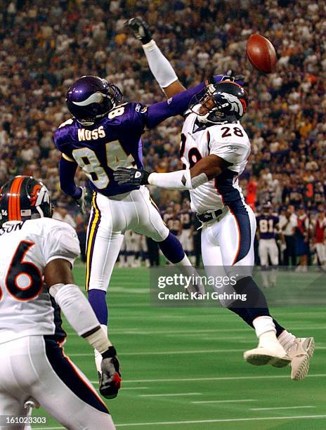 Bronco safety Kenoy Kennedy defended Randy Moss in the second quarter. A pass from Viking quarterback Randy Culpepper sailed over their heads. The...