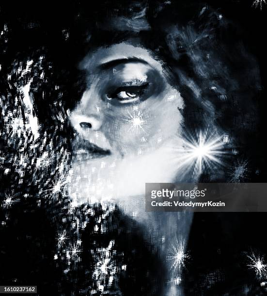 artistic female portrait against the background of a stylized starry sky - skin diamond stock illustrations
