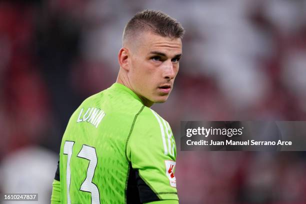 Andriy Lunin of Real Madrid looks on during the LaLiga EA Sports match between Athletic Club and Real Madrid CF at Estadio de San Mames on August 12,...