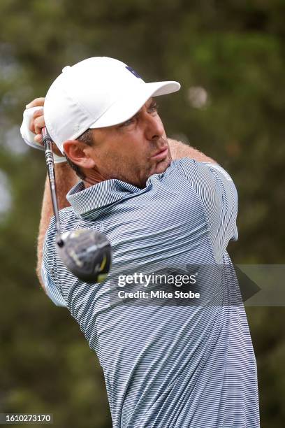 Charles Howell III of Crushers GC hits a shot from the sixth tee during day two of the LIV Golf Invitational - Bedminster at Trump National Golf Club...