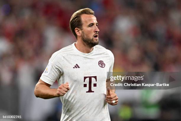 Harry Kane of Bayern Munich is substituted on during the DFL Supercup 2023 match between FC Bayern München and RB Leipzig at Allianz Arena on August...