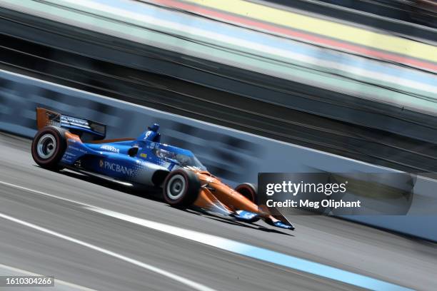 Scott Dixon driver of the PNC Bank Chip Ganassi Racing Honda drives during the NTT IndyCar Series Gallagher Grand Prix at Indianapolis Motor Speedway...