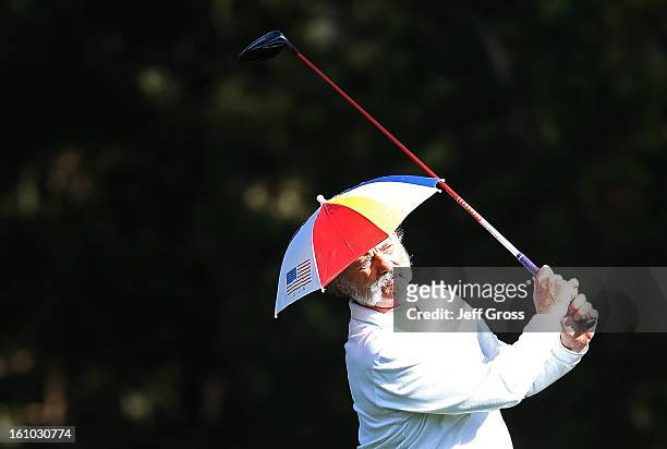 Actor Bill Murray hits a tee shot during the second round of the AT&T Pebble Beach National Pro-Am at Spyglass Hill on February 8, 2013 in Pebble...
