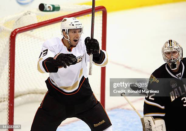 Nick Bonino of the Anaheim Ducks celebrates a goal against Kari Lehtonen of the Dallas Stars American Airlines Center on February 8, 2013 in Dallas,...