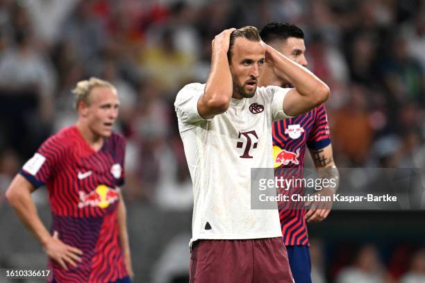 Harry Kane of Bayern Munich reacts during the DFL Supercup 2023 match between FC Bayern München and RB Leipzig at Allianz Arena on August 12, 2023 in...