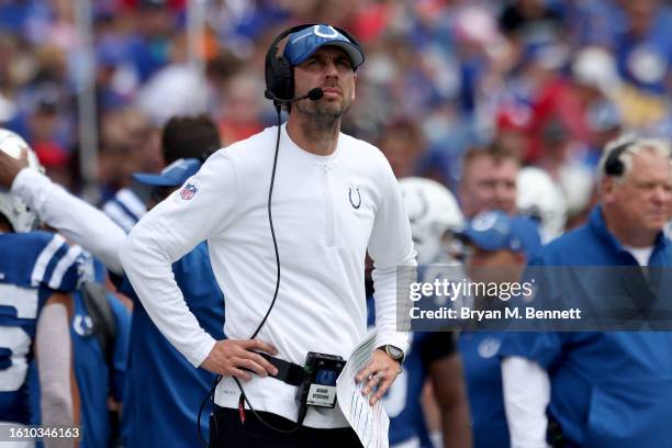 Head Coach Shane Steichen of the Indianapolis Colts looks on during the first quarter of a preseason game against the Buffalo Bills at Highmark...