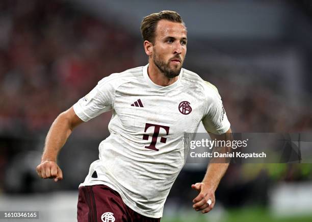 Harry Kane of Bayern Munich looks on during the DFL Supercup 2023 match between FC Bayern München and RB Leipzig at Allianz Arena on August 12, 2023...