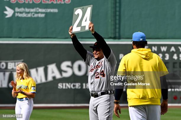 Miguel Cabrera of the Detroit Tigers is honored by the Boston Red Sox before his final game at Fenway Park on August 12, 2023 in Boston,...