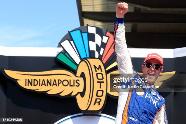 Scott Dixon driver of the PNC Bank Chip Ganassi Racing Honda celebrates in victory lane after winning the NTT IndyCar Series Gallagher Grand Prix at...