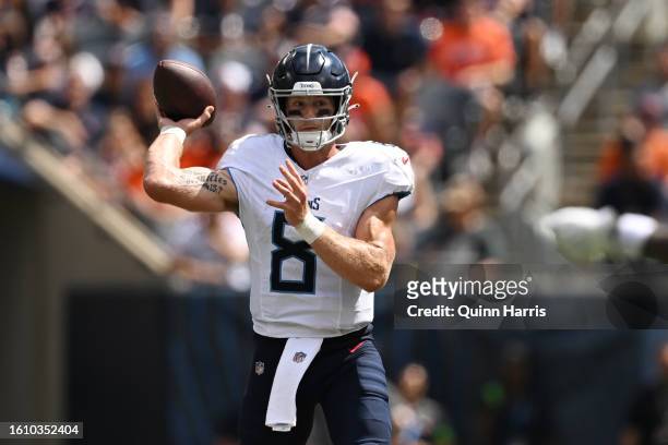 Will Levis of the Tennessee Titans passes in the second half against the Chicago Bears during a preseason game at Soldier Field on August 12, 2023 in...