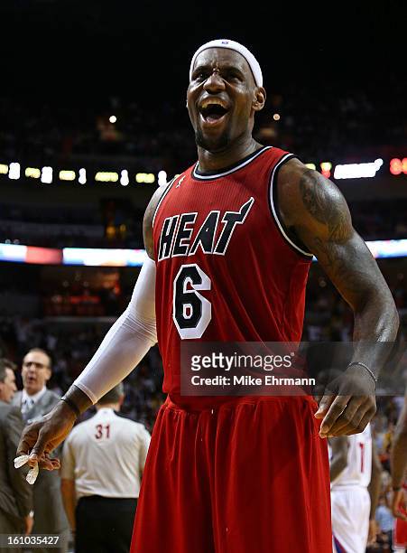 LeBron James of the Miami Heat looks on during a game against the Los Angeles Clippers at American Airlines Arena on February 8, 2013 in Miami,...