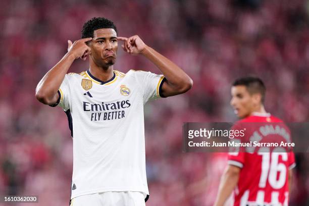 Jude Bellingham of Real Madrid gestures during the LaLiga EA Sports match between Athletic Club and Real Madrid CF at Estadio de San Mames on August...