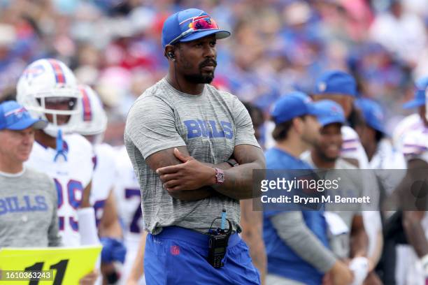 Von Miller of the Buffalo Bills looks on during the second quarter of a preseason game against the Indianapolis Colts at Highmark Stadium on August...