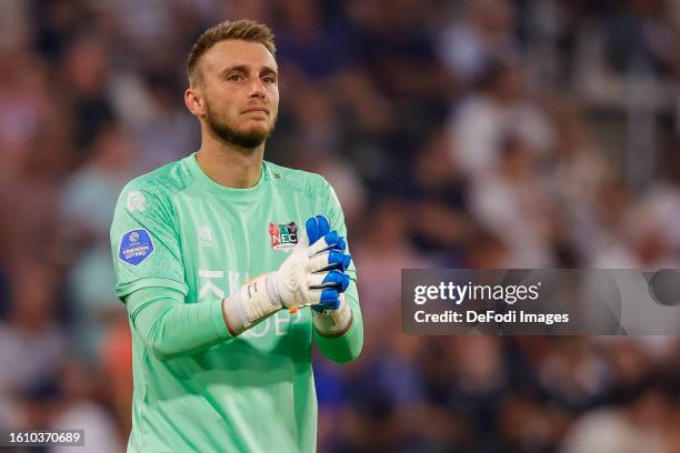 Goalkeeper Jasper Cillessen of NEC Nijmegen looks on during the Dutch Eredivisie match between Heracles Almelo and NEC Nijmegen at Erve Asito on...