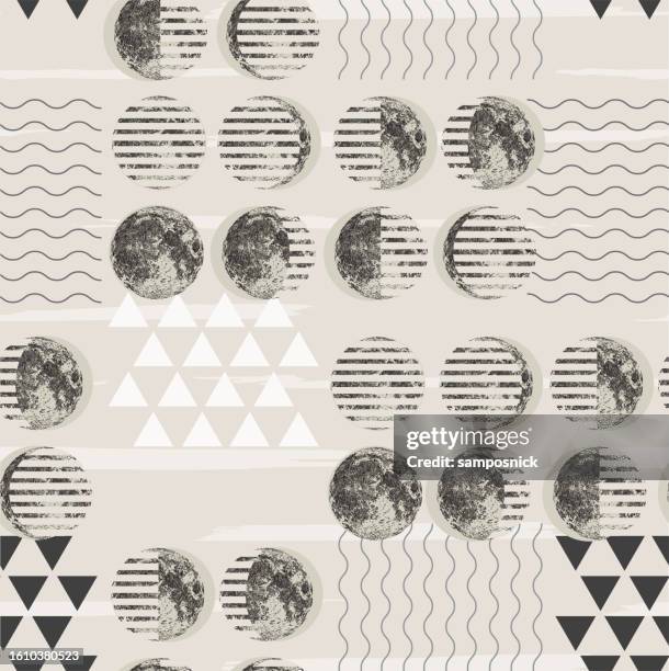 lunar phases of the moon modernist seamless pattern background - moon eclipse stock illustrations