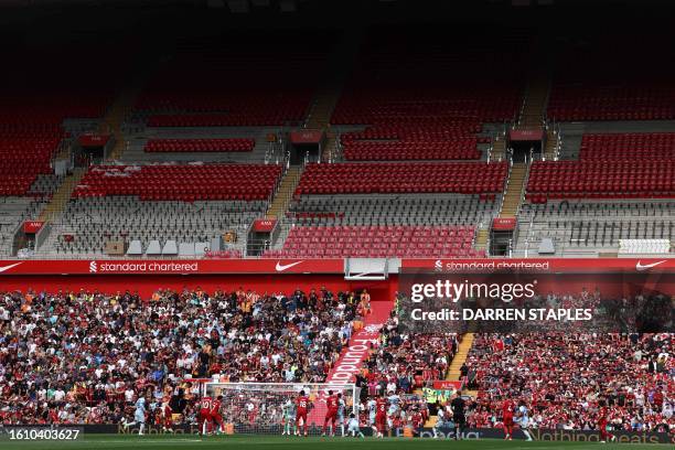 The incomplete renovations to the Anfield Road stand are seen during the English Premier League football match between Liverpool and Bournemouth at...