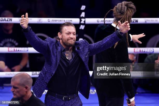 Mixed Martial Artist Conor McGregor acknowledges the fans prior to the Heavyweight fight between Derek Chisora and Gerald Washington at The O2 Arena...