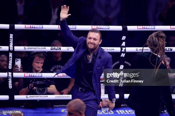 Mixed Martial Artist Conor McGregor acknowledges the fans prior to the Heavyweight fight between Derek Chisora and Gerald Washington at The O2 Arena...