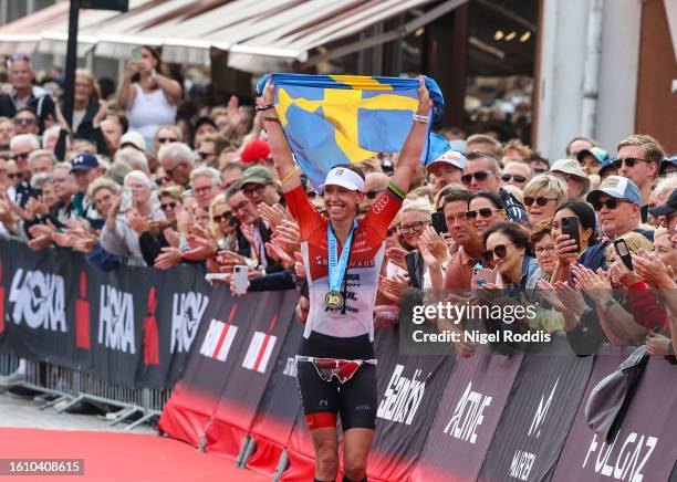 Lisa Norden of Sweden wins the women's race at Ironman Kalmar on August 19, 2023 in Kalmar, Sweden.