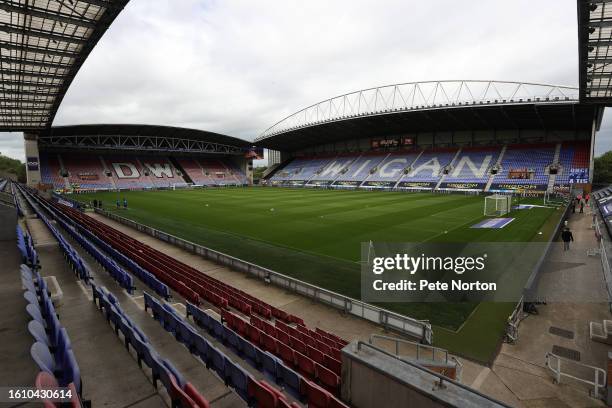 General view of DW Stadium prior to the Sky Bet League One match between Wigan Athletic and Northampton Town at DW Stadium on August 12, 2023 in...