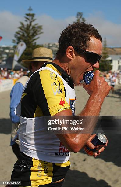 Braden Currie of New Zealand celebrates winning the one day individual event during the 2013 Speights Coast to Coast on February 9, 2013 in...