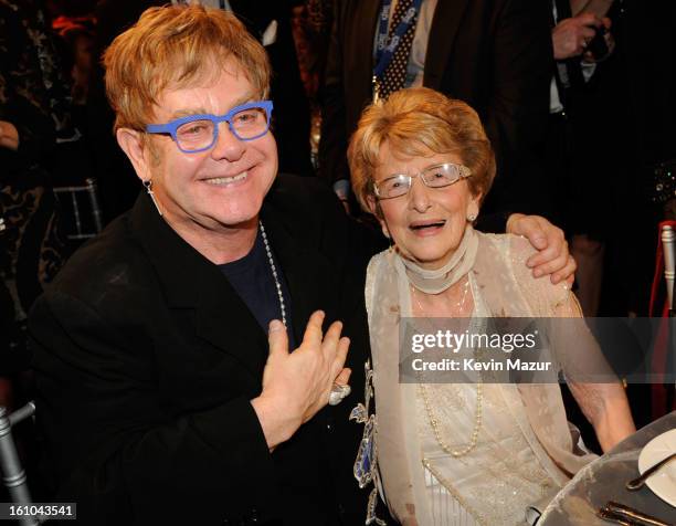Elton John and Adele Springsteen attend MusiCares Person Of The Year Honoring Bruce Springsteen at Los Angeles Convention Center on February 8, 2013...