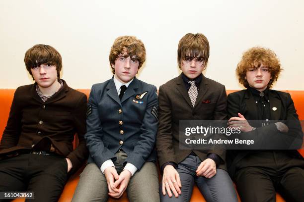 Ross Farrelly, Pete O'Hanlon, Josh McClorey and Evan Walsh of The Strypes pose back stage on February 8, 2013 in Manchester, England.