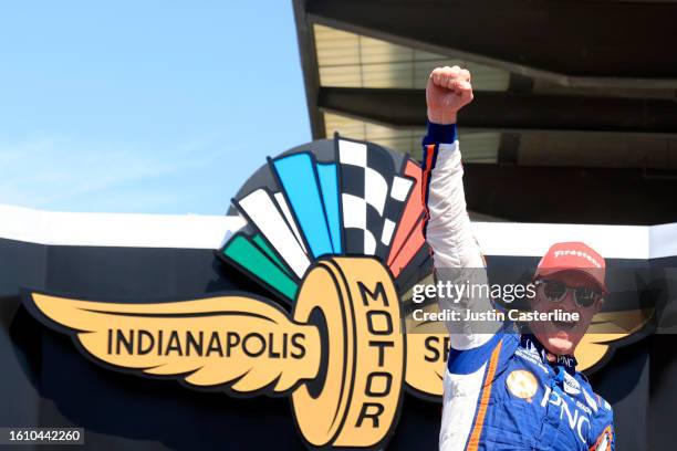 Scott Dixon driver of the PNC Bank Chip Ganassi Racing Honda celebrates in victory lane after winning the NTT IndyCar Series Gallagher Grand Prix at...