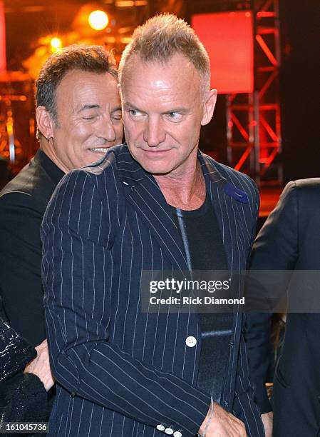 Honoree Bruce Springsteen and musician Sting attend MusiCares Person Of The Year Honoring Bruce Springsteen at the Los Angeles Convention Center on...