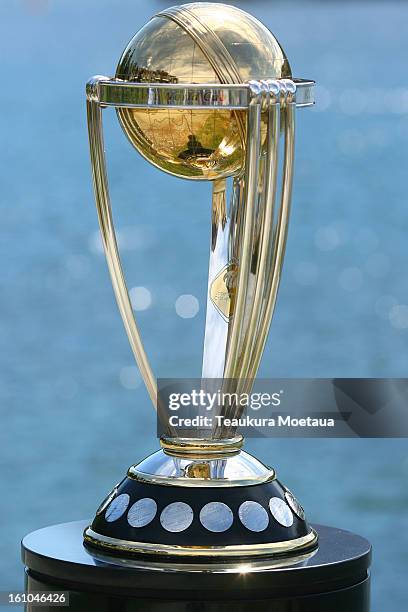 The ICC Cricket World Cup trophy is on display at the Queenstown Hilton on February 9, 2013 in Queenstown, New Zealand. Today marks two years to go...