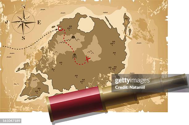 treasure map and spyglass - pirate telescope stock illustrations