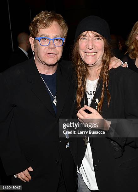 Singers Sir Elton John and Patti Smith attend MusiCares Person Of The Year Honoring Bruce Springsteen at Los Angeles Convention Center on February 8,...