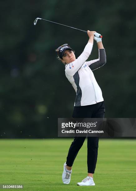 Gaby Lopez of Mexico plays her second shot on the 18th hole during the third round of the AIG Women's Open at Walton Heath Golf Club on August 12,...
