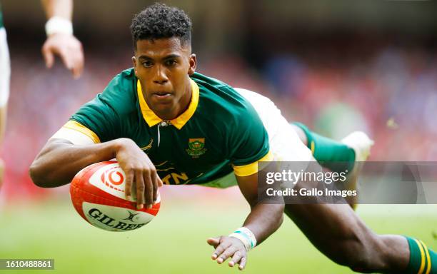 Canan Moodie of South Africa over for a try during the Rugby World Cup 2023 warm up match between Wales and South Africa at Principality Stadium on...