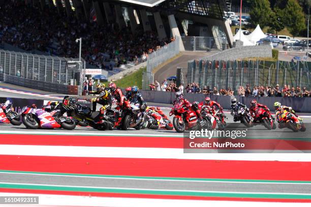 Maverik Vinales, Fabio Quartaro, Maverik Vinales, Marco Bezzecchi and Enea Bastianini collide at the first corner of saturday's superpole race MotoGP...