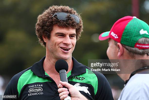 Matt King of the Rabbitohs is interviewed before the NRL trial match between the South Sydney Rabbitohs and the Papua New Guinea Kumuls at Redfern...