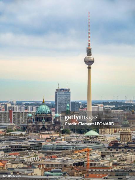 aerial view of the east berlin skyline as seen from potsdamer platz. view towards berlin television tower (fernsehturm) and berlin cathedral, central berlin (mitte), germany. - east berlin stock pictures, royalty-free photos & images