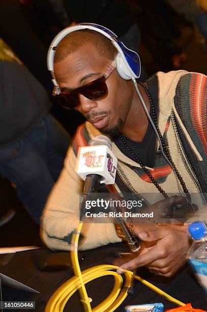 Recording artist B.o.B interviews at the GRAMMYs Dial Global Radio Remotes during The 55th Annual GRAMMY Awards at the STAPLES Center on February 8,...