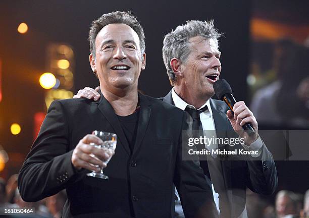 Musician Bruce Springsteen and Producer David Foster attend MusiCares Person Of The Year Honoring Bruce Springsteen at the Los Angeles Convention...