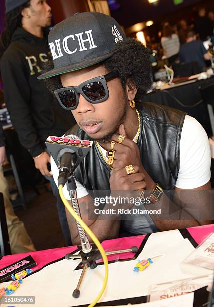 Rapper Trinidad James is interviewed at the GRAMMYs Dial Global Radio Remotes during The 55th Annual GRAMMY Awards at the STAPLES Center on February...